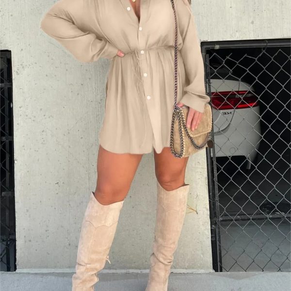 Fashion Solid Color Long Sleeve Shirt Jumpsuit