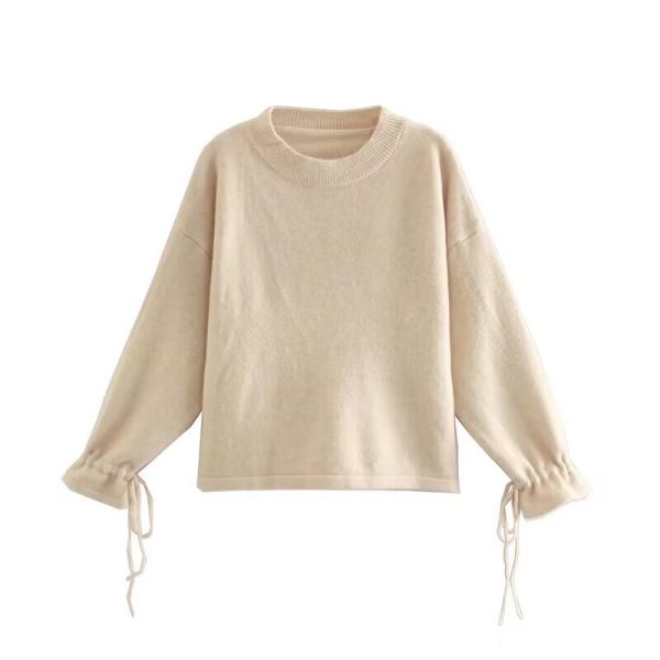 style round neck loose drawstring tied sweater