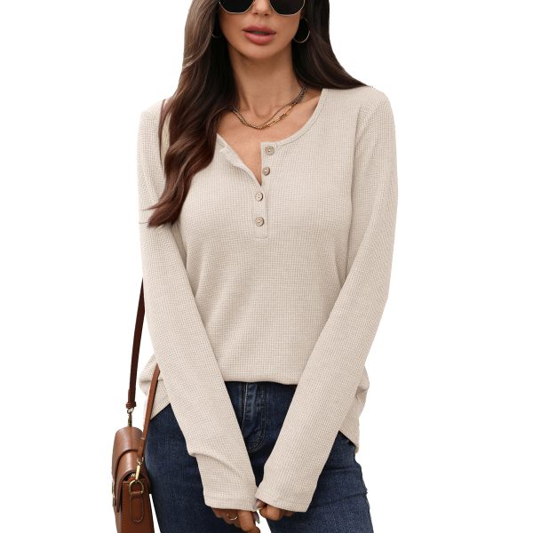 round neck button loose long sleeve T-shirt top