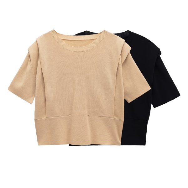 shoulder pad round neck sleeved knitted top