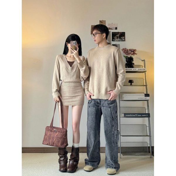 Couple Outfits Autumn Winter New Long Sleeve Elegant High-Quality Dress Two-Piece Set Men's Loose Pullover Sweater