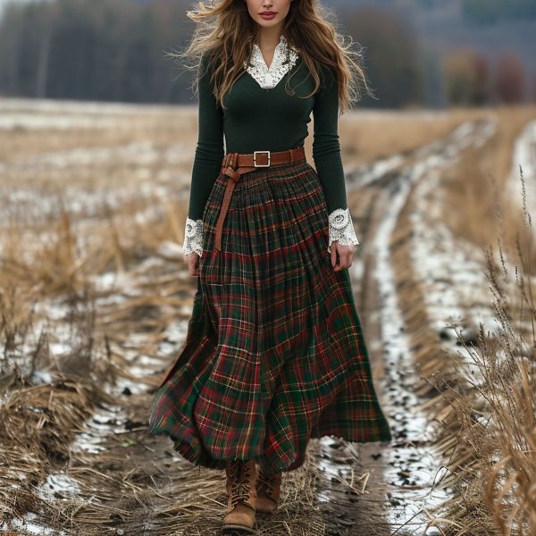 Women's Autumn/Winter Plaid Maxi Dress, Vintage V-Neck Long Sleeve, Country Style Dress