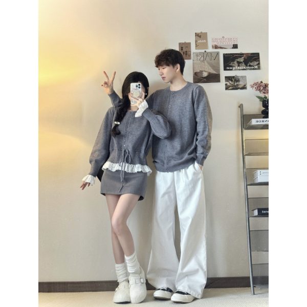 Couples' Autumn/Winter New College Wind Knit Sweater for Women with Lace Patchwork Cardigan Men's Knit Sweater Jacket