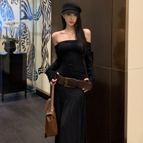 French Style One-Shoulder Sleeveless Tie-Strap Long Sleeve Dress for Women Elegant Mature Look