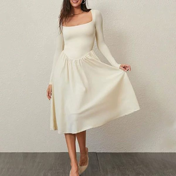 Long Sleeve Solid Color Fitted Square Neck Pleated Dress for Women