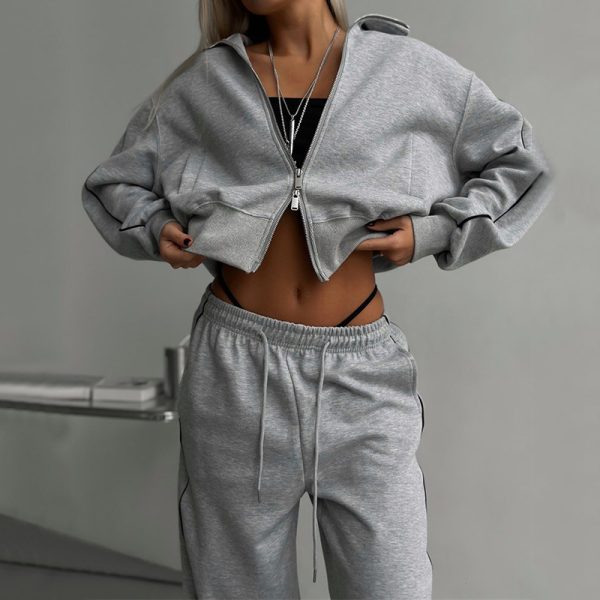 Fashionable Casual Style Women's Zip-Up Cardigan &amp Drawstring Pants Two-Piece Set