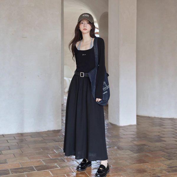 Chic Fitted Slim-Fitting Two-Piece Black Dress with Layered Design for Autumn and Winter